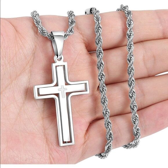 COPY - Men’s Large Silver Cross Necklace - Picture 1 of 6